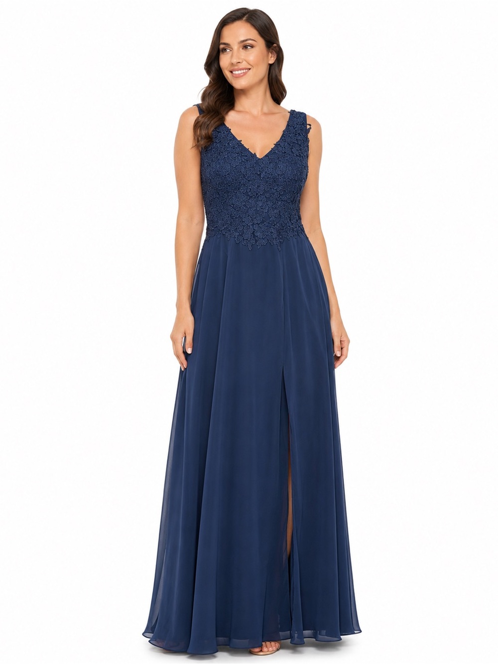 NWT VIP Bridal Navy Blue Lace Chiffon & Floral Embroidered Lace Formal Gown 12